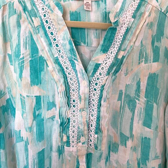 JM Collection Linen Blend Button Up 3/4 Sleeve Shirt Lace Trim Feminine Style 20 - Picture 3 of 10
